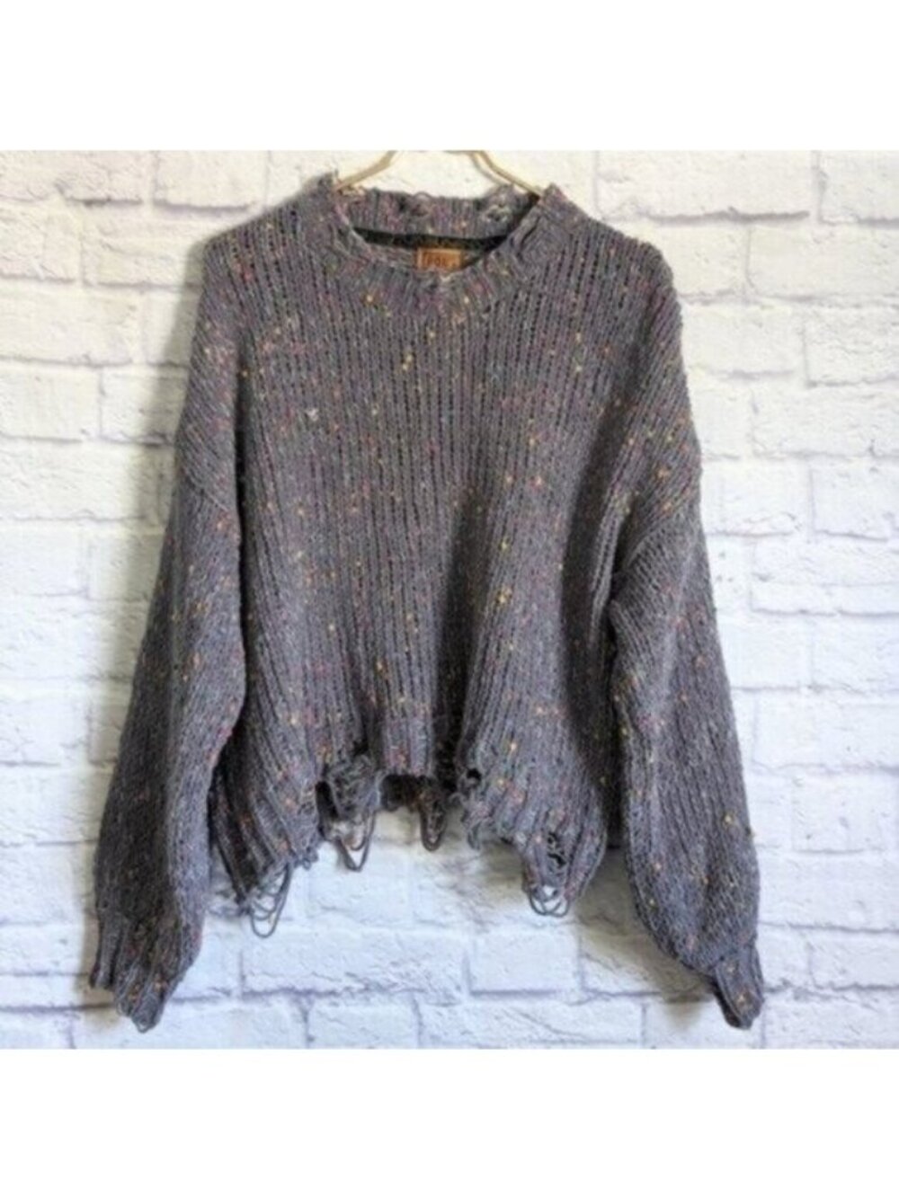 POL Distressed Confetti Sweater S Gray NEW Knit Cropped Long Sleeve Pullover